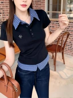 Preppy Collared T-Shirts for Women Splicing Design Short Sleeve Plaid Tees Slim Fit Casual Summer Fake Two Piece Basic Shirts