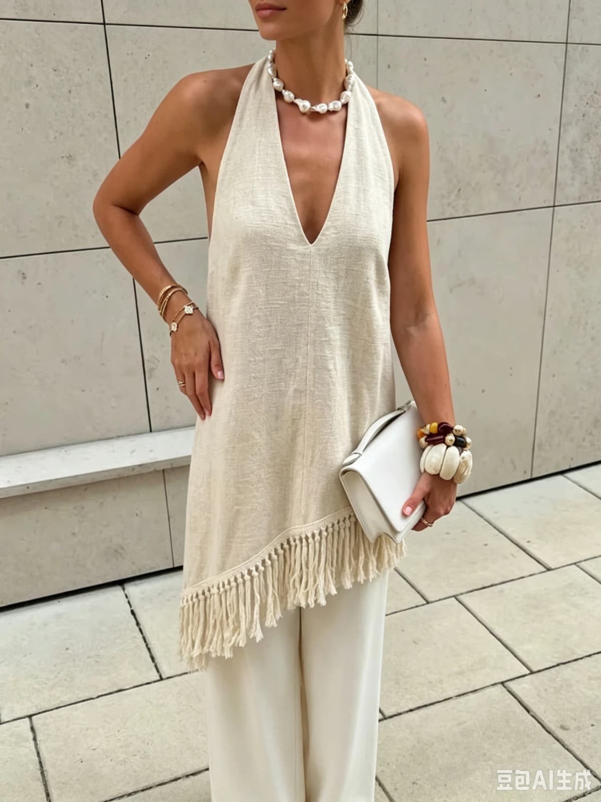 2026 Summer New Stylish Vacation Style Loose Halter V-Neck Tassel Irregular Top
