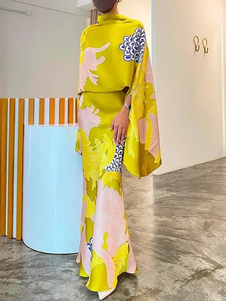 Yeezzi Women Vintage Elegant Flower Printed Batwing Sleeves Blouses & High Waisted Party Evening A-Line Skirts Sold Separately