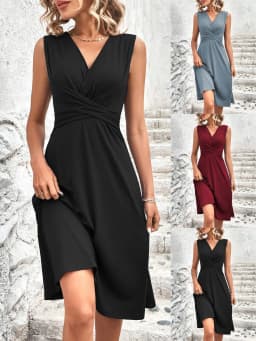 Women's Elegant V Neck Wrap Waist Midi Dress Sleeveless Solid Color Casual Flowy A-Line Summer Dresses