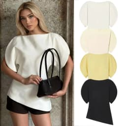 HH Women Casual Loose T-Shirts Asymmetrical Hem Blouse Short Puff Sleeve Shirt Elegant Woman Summer Party Vacation White Tops