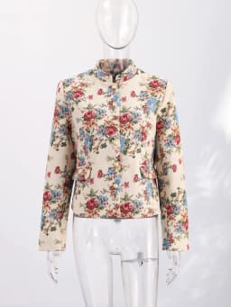 Vintage Floral Printed Jacket Mandarin Collar Long Sleeve Single Breasted Cropped Straight Coats Women Autumn Outfit Streetwear