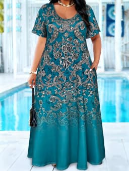 Plus Size Teal Baroque Floral Print Maxi Dress Summer Casual Short Sleeve Scoop Neck Loose Long Sundress With Pocket