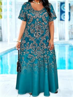 Plus Size Teal Baroque Floral Print Maxi Dress Summer Casual Short Sleeve Scoop Neck Loose Long Sundress With Pocket