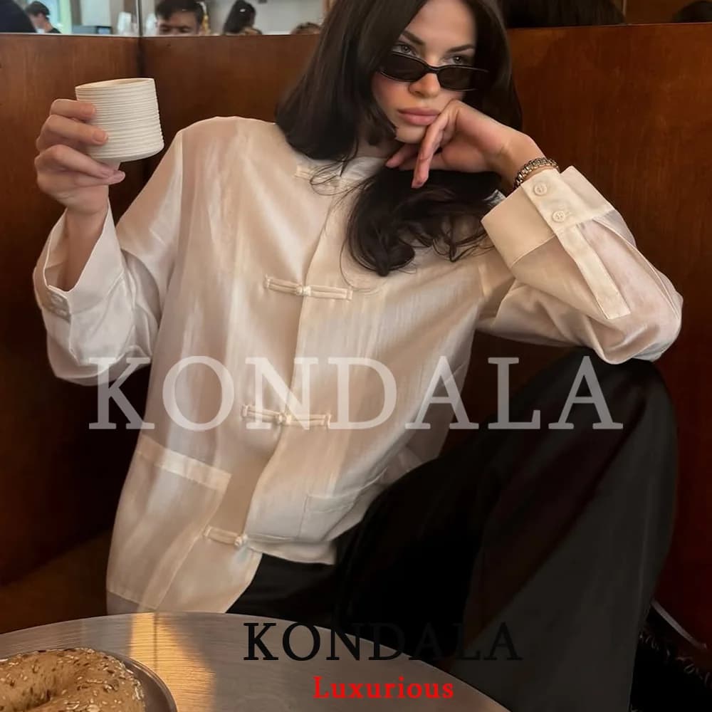KONDALA Casual Chic Women Blouse Solid O-Neck Single Breasted Long Sleeve Pockets Loose Shirt Fashion 2026 Summer Holiday Blouse