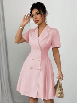 2026 Luxury Dresses Solid Color Notched Lapel Double Breasted Short Sleeve Slim Summer Midi Dress for Woman Clothes