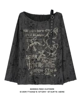Vintage Y2K Oversize Off Shoulder T Shirt With Print Women Ripped Top Hole Long Sleeve Baggy Basic T Shirt Pulovers Ladies Tops