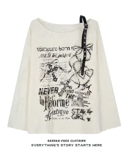 Vintage Y2K Oversize Off Shoulder T Shirt With Print Women Ripped Top Hole Long Sleeve Baggy Basic T Shirt Pulovers Ladies Tops