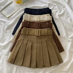 Cord Belted Pleated Skirt Texture Corduroy Box Pleat Mini Skirt with Belt Women Teen-girl Academy School Autumn Winter Outfit