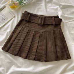 Cord Belted Pleated Skirt Texture Corduroy Box Pleat Mini Skirt with Belt Women Teen-girl Academy School Autumn Winter Outfit
