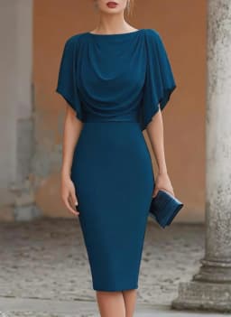 Women's Short Sleeve Midi Dress Cowl Neck Draped Cape Top Bodycon Skirt Elegant Party Evening Cocktail Wear