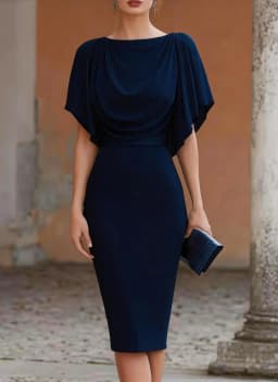 Women's Short Sleeve Midi Dress Cowl Neck Draped Cape Top Bodycon Skirt Elegant Party Evening Cocktail Wear