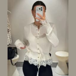 Retro Women Lace Spliced Knit Cardigan Drawstring Waist Cinch Design Button‑front Long Sleeve Soft Knitwear Casual Office Blouse