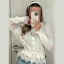 Retro Women Lace Spliced Knit Cardigan Drawstring Waist Cinch Design Button‑front Long Sleeve Soft Knitwear Casual Office Blouse