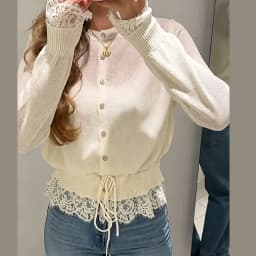 Retro Women Lace Spliced Knit Cardigan Drawstring Waist Cinch Design Button‑front Long Sleeve Soft Knitwear Casual Office Blouse