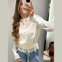 Retro Women Lace Spliced Knit Cardigan Drawstring Waist Cinch Design Button‑front Long Sleeve Soft Knitwear Casual Office Blouse