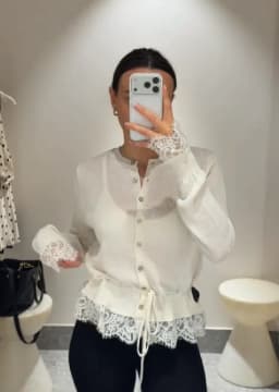 Retro Women Lace Spliced Knit Cardigan Drawstring Waist Cinch Design Button‑front Long Sleeve Soft Knitwear Casual Office Blouse