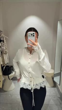 Retro Women Lace Spliced Knit Cardigan Drawstring Waist Cinch Design Button‑front Long Sleeve Soft Knitwear Casual Office Blouse