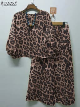 ZANZEA Spring Leopard Printed Matching Sets 3/4 Sleeve O-Neck Blouse Casual Trousers 2PCS Woman Fashion Party Suit Oversized