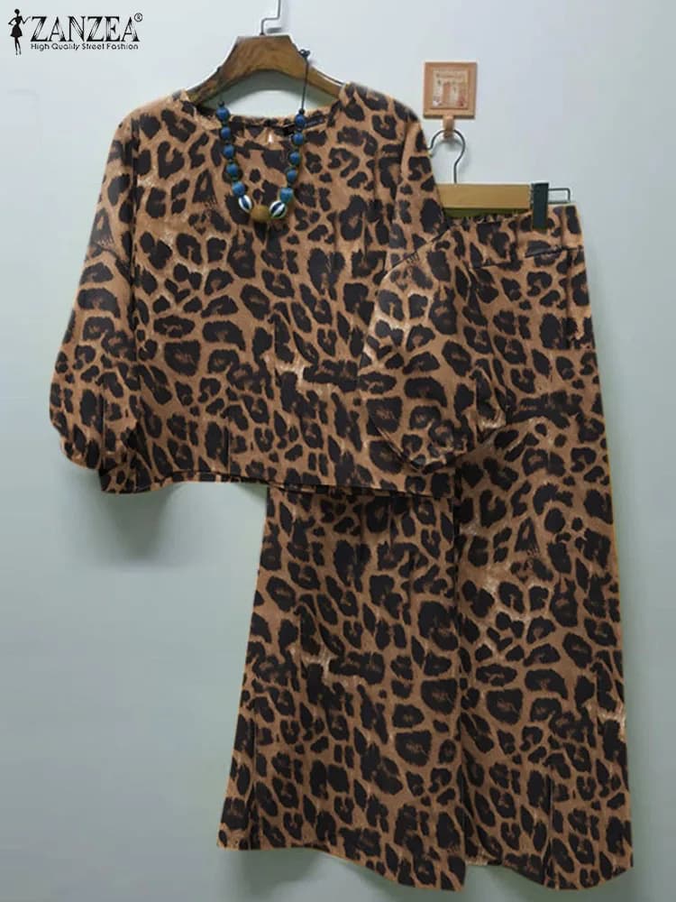 ZANZEA Spring Leopard Printed Matching Sets 3/4 Sleeve O-Neck Blouse Casual Trousers 2PCS Woman Fashion Party Suit Oversized