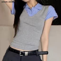 Preppy False 2 Pieces Lapel Striped Spliced Knitted Short Sleeve Tee Girl Slim Fit T-shirt Patchwork Pullover Crop Top
