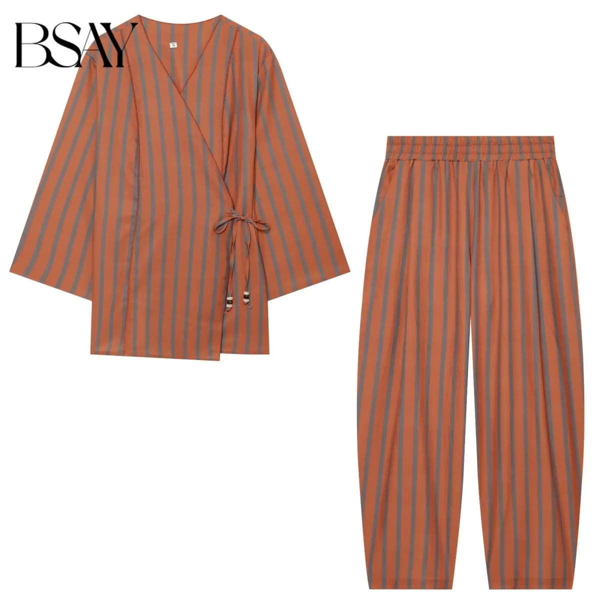 BSAY New Fashion Women Striped Matching Set V Neck Wrap Side Tie Three Quarter Sleeve Top Elastic Waist Harem Pants Daily Outfit