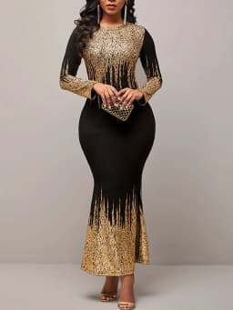 Womens Elegant Round Neck Sleeveless Wedding Evening Party Floor Length Black Gold Mermaid Hem Sequin Formal Dress