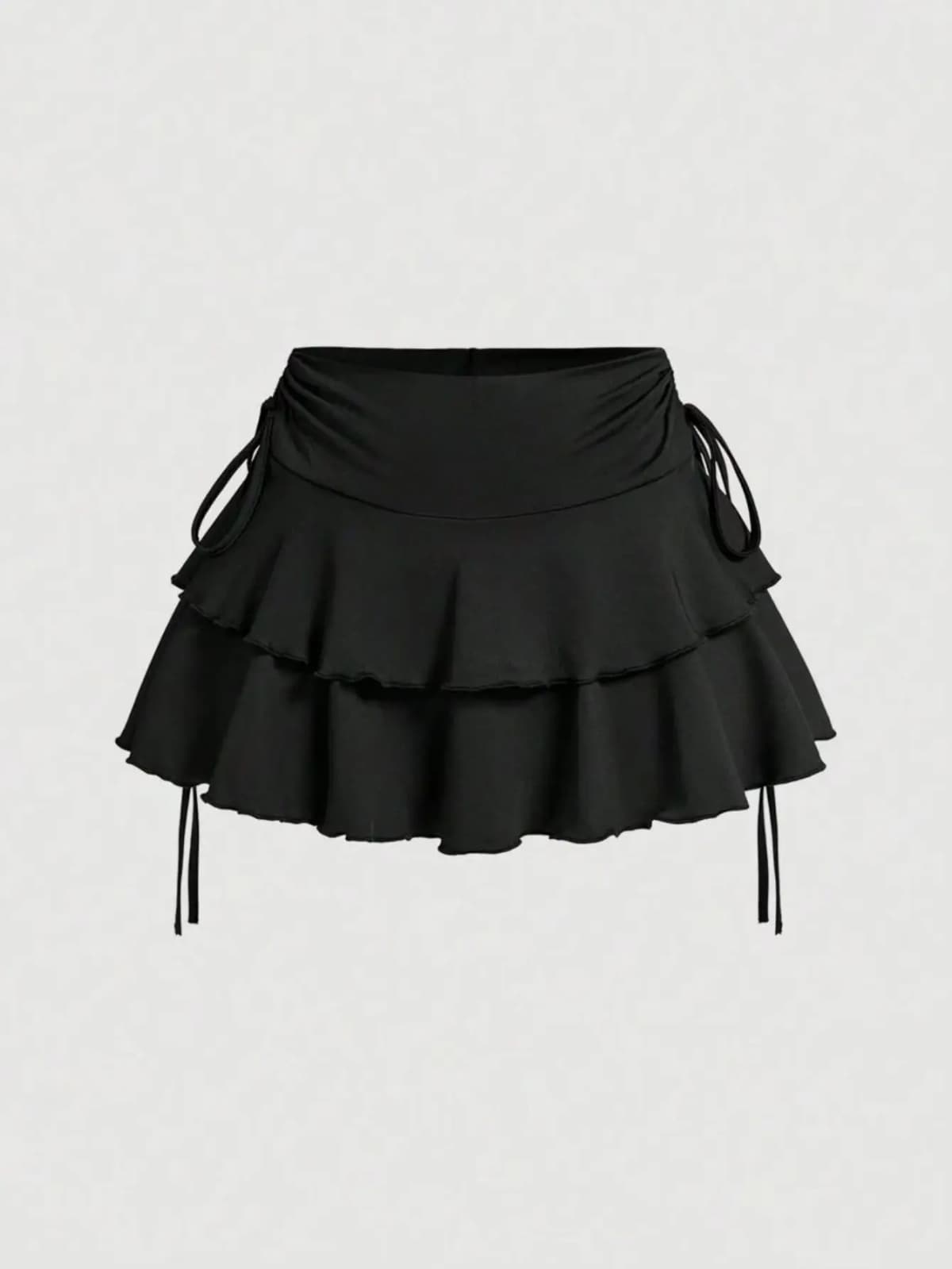 Drawstring And Fold Detail Solid Color Cake Skirt, Spring/Summer, Party Skirt, Beach Skirt, Summer Vacation Outfits
