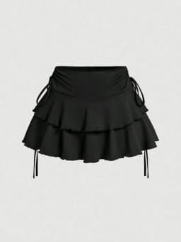 Drawstring And Fold Detail Solid Color Cake Skirt, Spring/Summer, Party Skirt, Beach Skirt, Summer Vacation Outfits