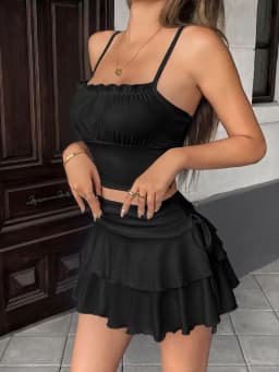 Drawstring And Fold Detail Solid Color Cake Skirt, Spring/Summer, Party Skirt, Beach Skirt, Summer Vacation Outfits