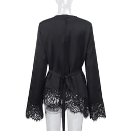 New Belted Waist Lace Patchwork Top Asymmetrical Design Solid Color Long Sleeves Elegant Irregular Hemline Satin Blouse Women