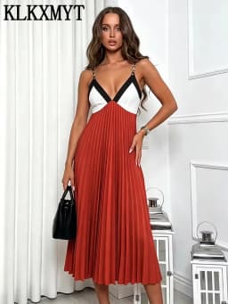 KLKXMYT Elegant Women Beading Slip Long Dress Pleated Sleeveless Backless Sexy Midi Dress Female Evening Party Dresses