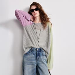 TOYOUTH Women Airy Slub Linen Knit Top 2026 Spring New Crew Neck Loose Asymmetric Color-Block Blouse
