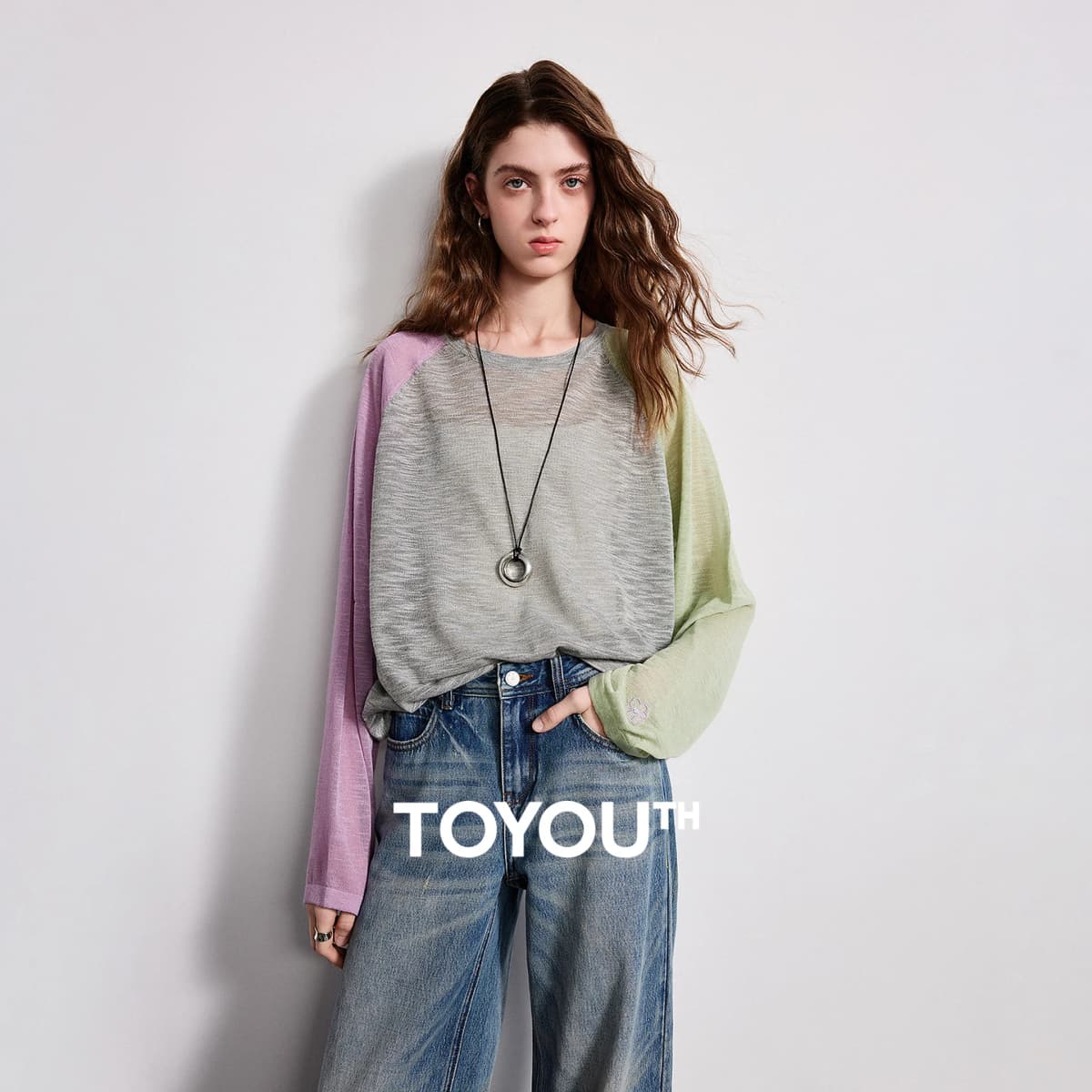 TOYOUTH Women Airy Slub Linen Knit Top 2026 Spring New Crew Neck Loose Asymmetric Color-Block Blouse