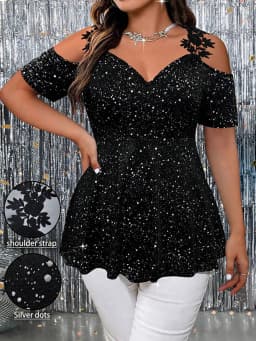 Plus Size Glitter Peplum Top Cold-Shoulder Stretchy Party Blouse Glam Evening Top