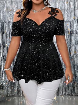 Plus Size Glitter Peplum Top Cold-Shoulder Stretchy Party Blouse Glam Evening Top