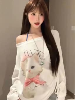 Cute Cat White Oversize Long Sleeve T Shirt Women Casual Off Shoulder Tops Spring Fall Basic Tees Korean Gentle Female