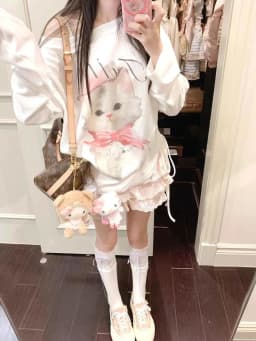 Cute Cat White Oversize Long Sleeve T Shirt Women Casual Off Shoulder Tops Spring Fall Basic Tees Korean Gentle Female