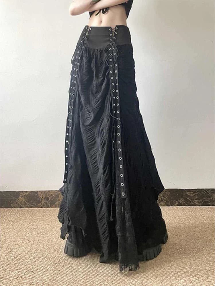 Y2k Vintage Temperament Lace Mesh Pleated Women Skirt High Waist Gothic Bow Slim Bandage A-line Long Skirts Chic Harajuku Faldas