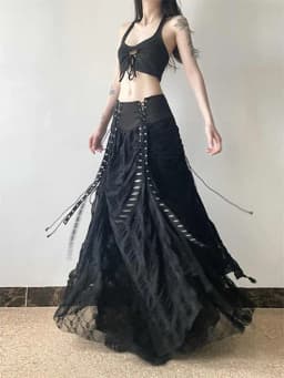 Y2k Vintage Temperament Lace Mesh Pleated Women Skirt High Waist Gothic Bow Slim Bandage A-line Long Skirts Chic Harajuku Faldas