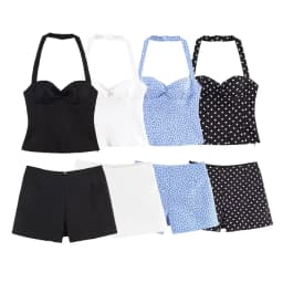 Women Fashion  Polka Dot Shorts Sets Or Female Sexy Backless Halter Neck Slim Tops Lady Chic Side Zipper Casual Shorts Chic Set