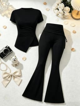 2 Pcs Women Crew Neck Side Ruched Split Hem Short Sleeve Tee High Waist Fold Over Side Drawstring Flared Pants Set Solid Black S