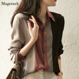 2025 Women Satin Button Blouse Autumn New Vintage Long Sleeve Polo Collar Women Shirt Elegant Loose Tops Clothing 18146