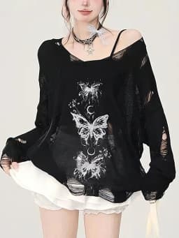 Y2k Hollow Out Knit Oversize T Shirt Women Long Sleeve Off Shoulder Top Sexy Basic Transparent Tees Baggy Vintage Ladies New