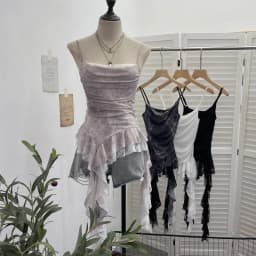 ISAROSE Summer Y2K Camisole for Women Casual Spaghetti Straps Double Layers Lace Stretch Mesh Patchwork Asymmetrical Slim Tops