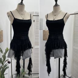 ISAROSE Summer Y2K Camisole for Women Casual Spaghetti Straps Double Layers Lace Stretch Mesh Patchwork Asymmetrical Slim Tops