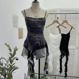 ISAROSE Summer Y2K Camisole for Women Casual Spaghetti Straps Double Layers Lace Stretch Mesh Patchwork Asymmetrical Slim Tops