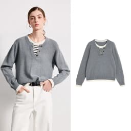 TOYOUTH Women Plied Yarn Knitwear 2026 Spring New Patchwork Two-Piece Illusion Color-Block Intellectual Tops