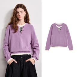 TOYOUTH Women Plied Yarn Knitwear 2026 Spring New Patchwork Two-Piece Illusion Color-Block Intellectual Tops