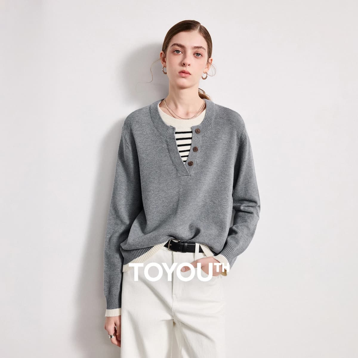 TOYOUTH Women Plied Yarn Knitwear 2026 Spring New Patchwork Two-Piece Illusion Color-Block Intellectual Tops